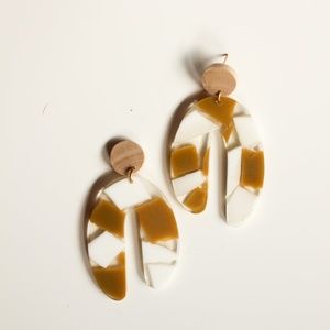 Acrylic and Wood Arch Earring White and Mustard
